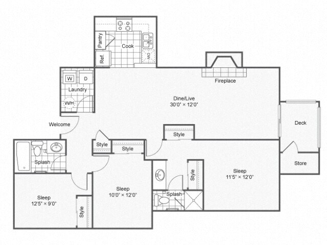 Three Bedroom Two Bath J101 floor plan